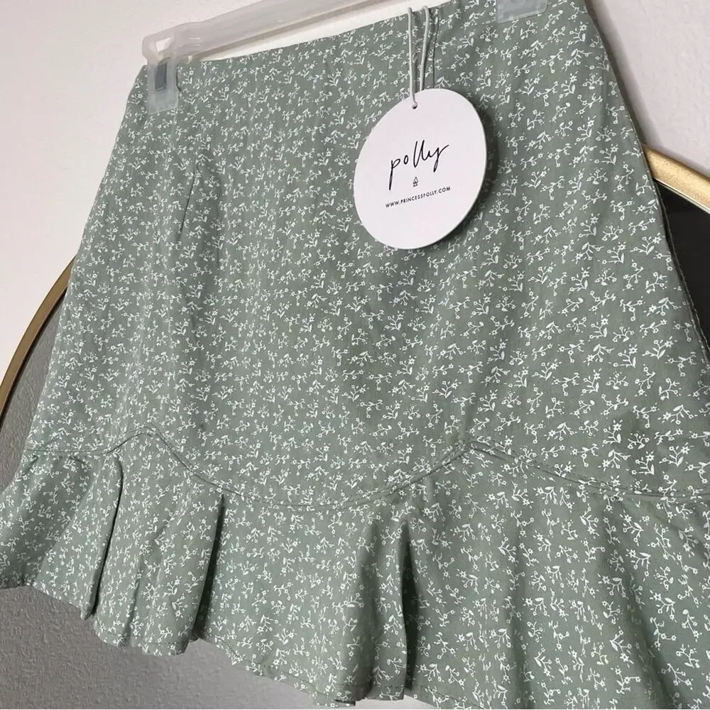 NWT Princess Polly Lepko Mini Skirt Mint Garden Sage Green Ruffle Size US 2